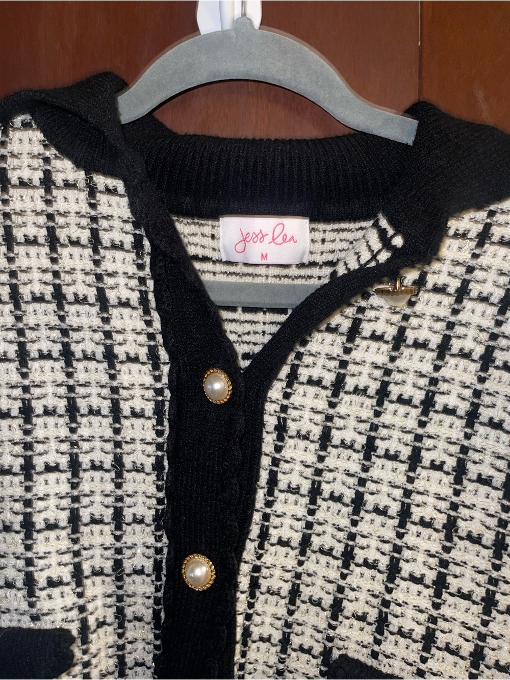 Black & White Tweed Hooded Cardigan with Gold Buttons - Picture 2 of 2